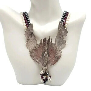 Abstract Silver Tone Heavy Metal Feather Tri-Color Bead Choker Necklace Pearl